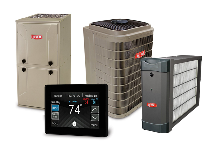 Bryant HVAC product lineup including furnaces, air conditioners, heat pumps, and smart thermostats